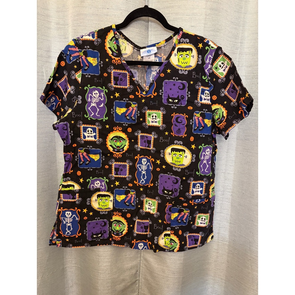 SB Scrubs Halloween Scrub Top Frankenstein Skeleton Ghost Cotton V-Neck Sz Large